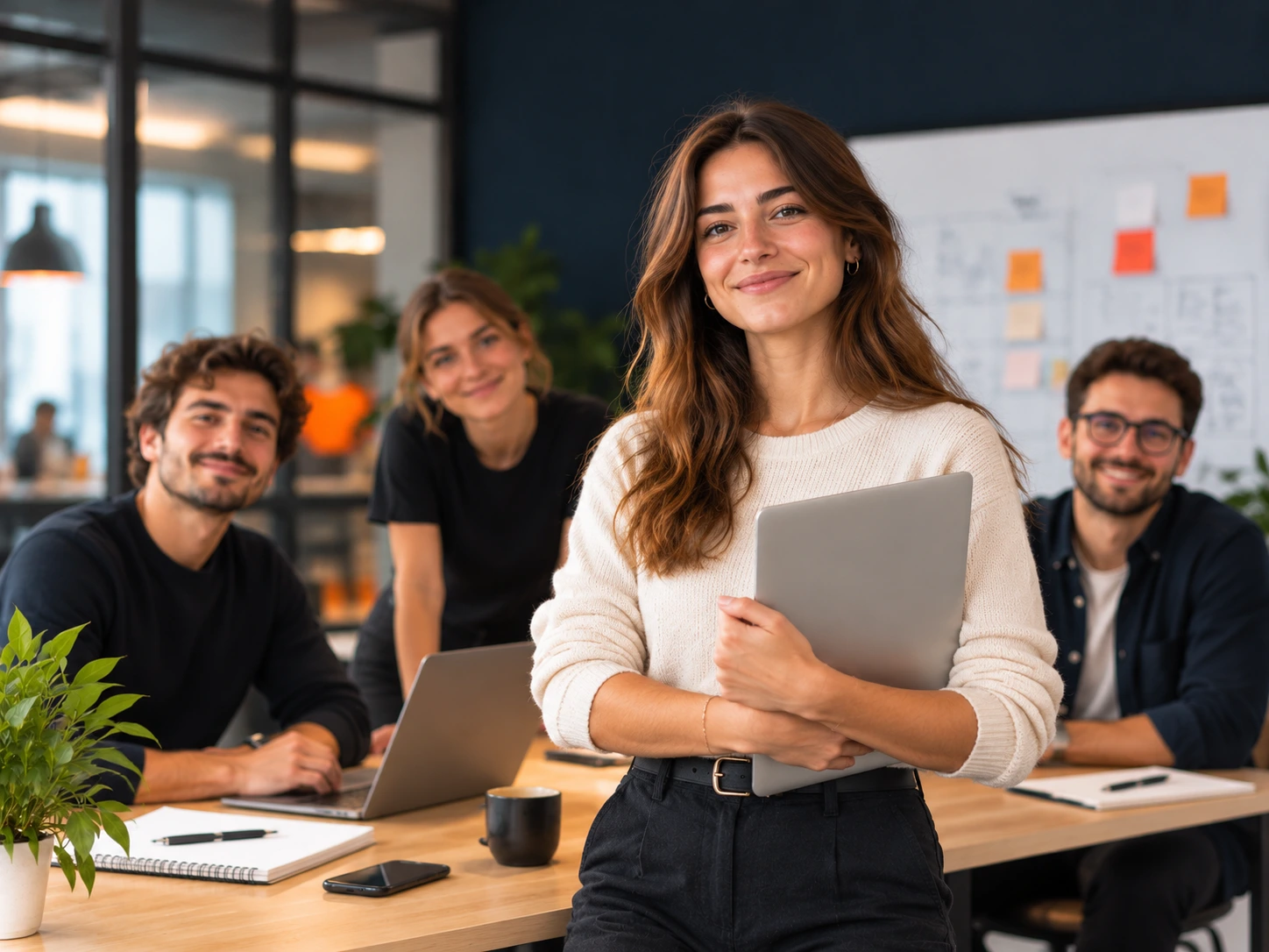 Smiling business assistant holding a laptop in a modern office, with teammates at the table behind her