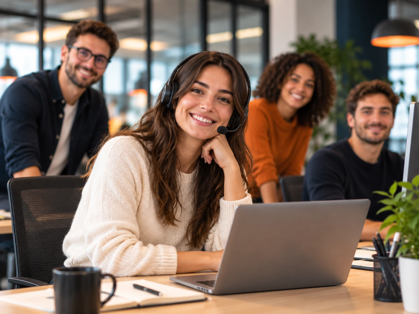 Smiling customer care operator wearing a headset at her desk, with teammates in the background