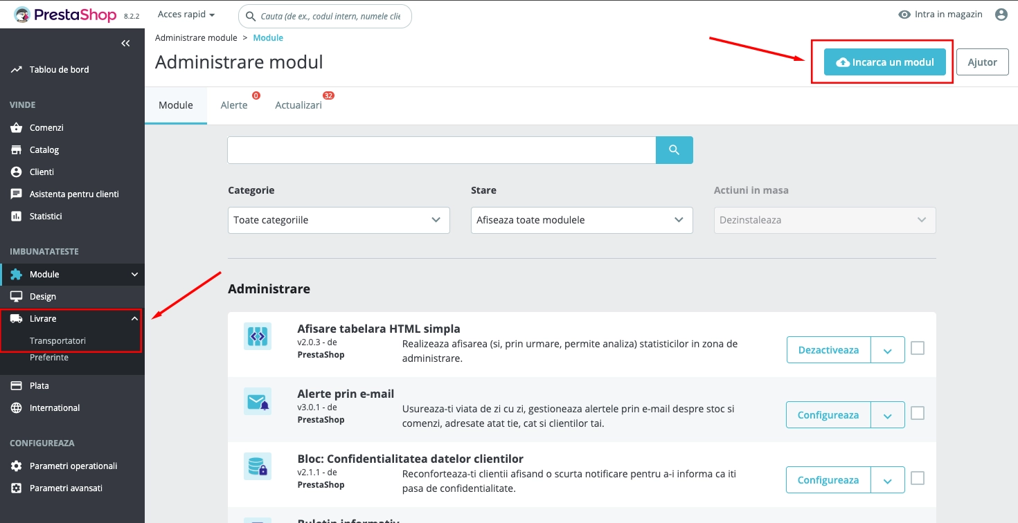 PrestaShop Module Administration menu