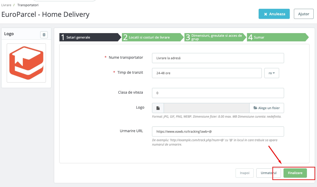 Home delivery carrier configuration form