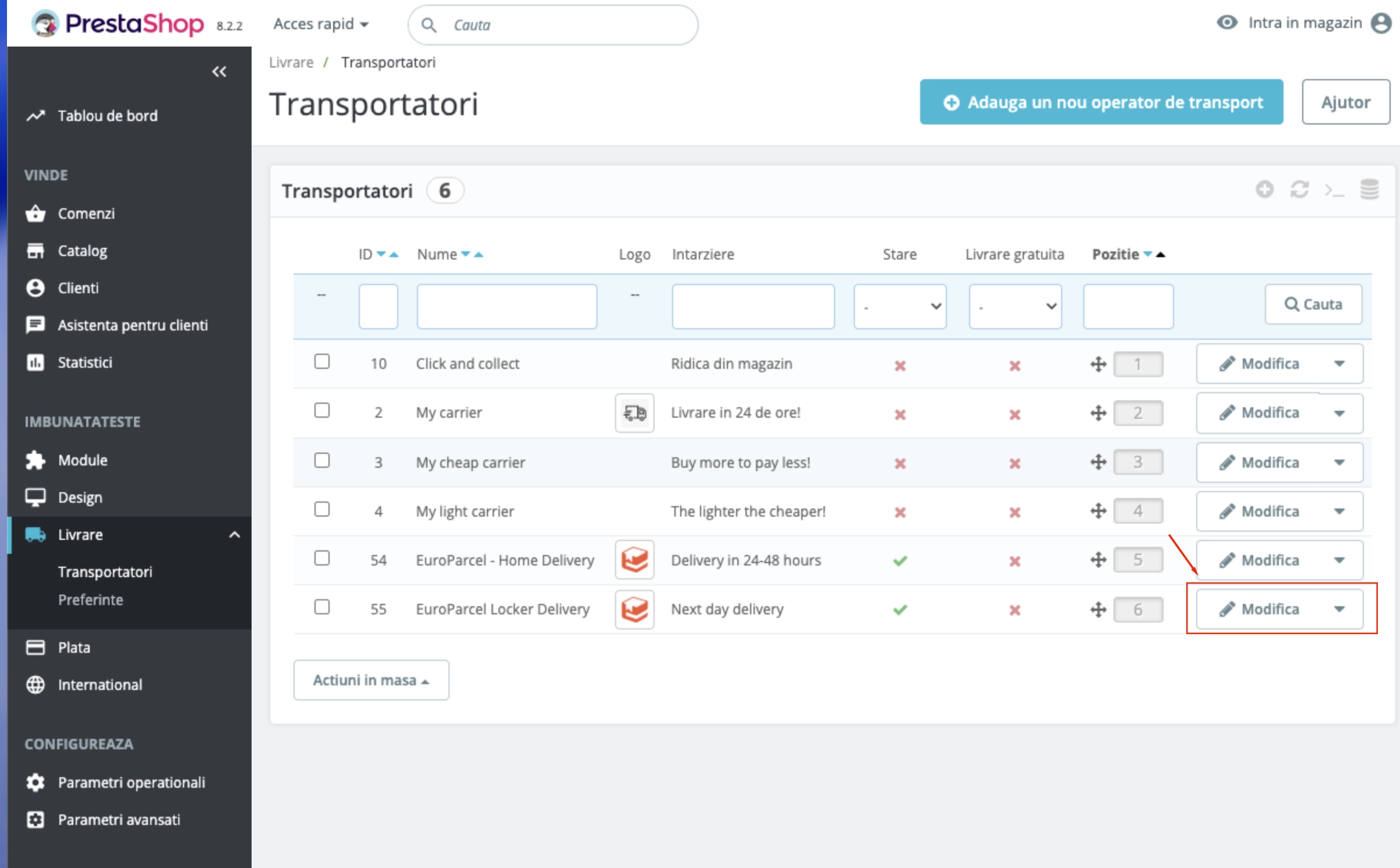 Carriers list with EuroParcel Locker Delivery edit option