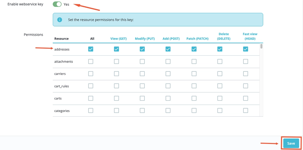 API key permissions configuration