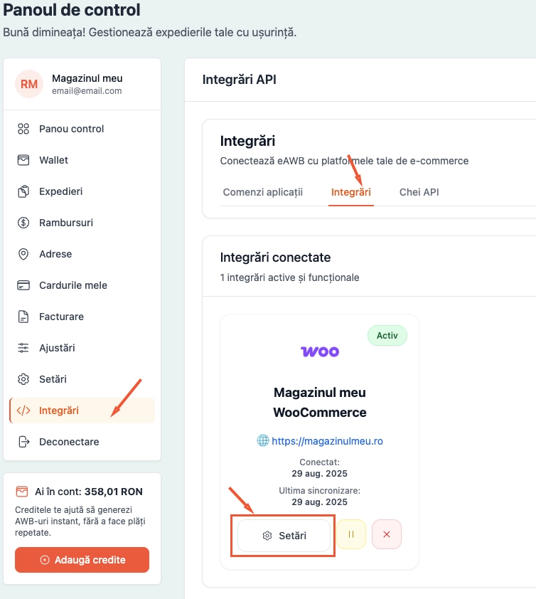 Integration settings tab